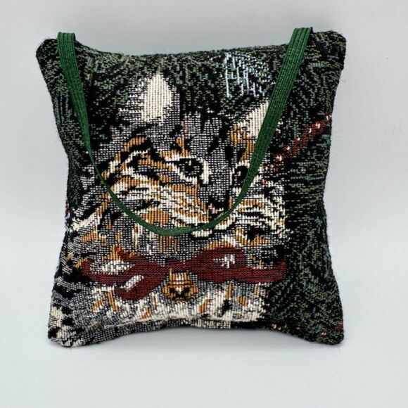 VTG Tapestry Cat Pillow Doorknob Hanging 5X5 Square Kitty Decor Green Christmas - Picture 3 of 6